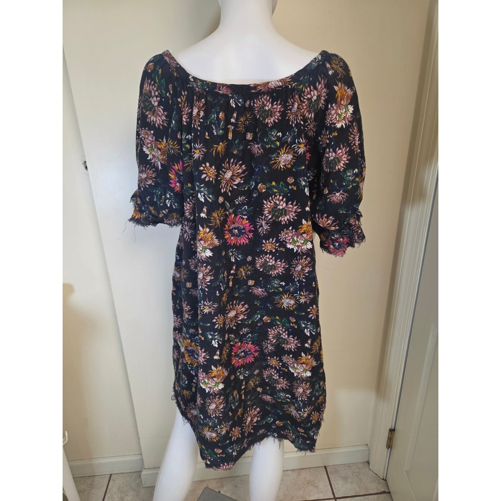 Natural Life Floral Cotton Mini Dress Black Boho Tie Front Fringe L/XL - Picture 7 of 10
